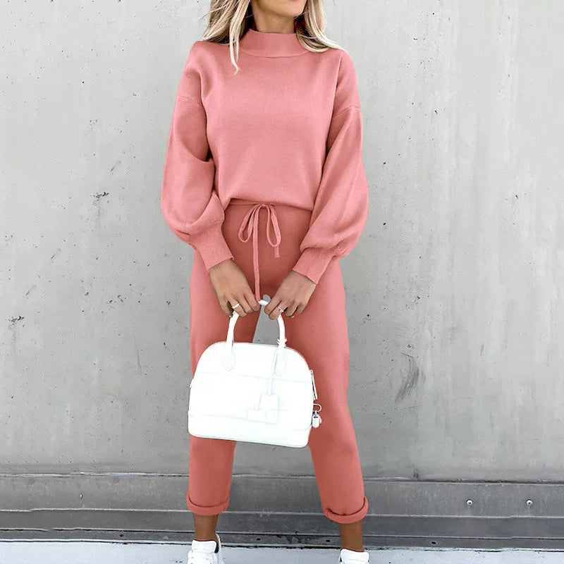 Coral pink high neck sweater and drawstring trouser set