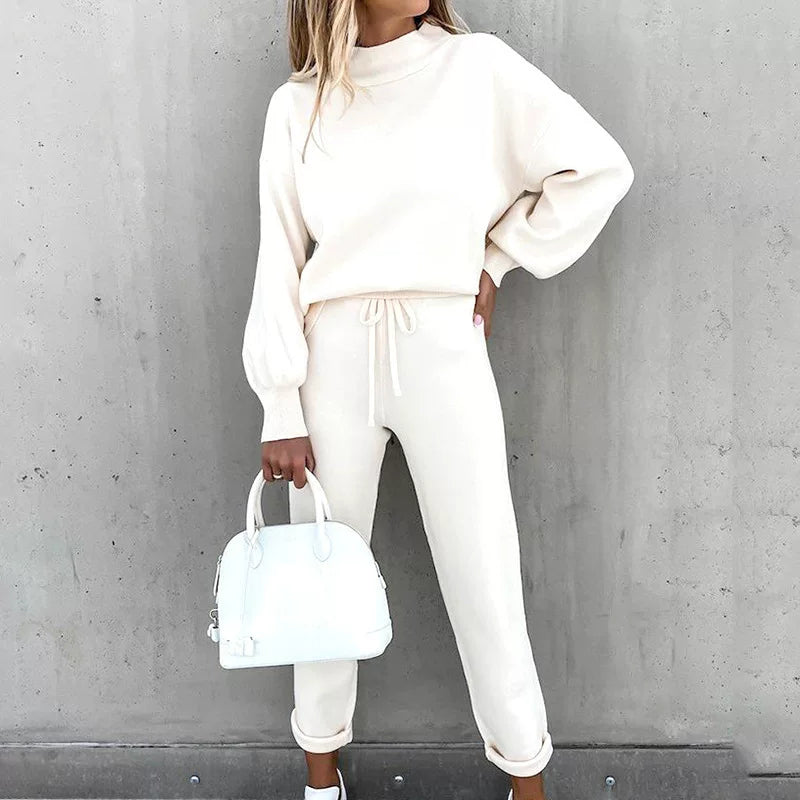 Cream high neck sweater and drawstring trouser set
