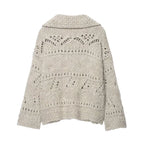 Oatmeal chunky pointelle cardigan, back view