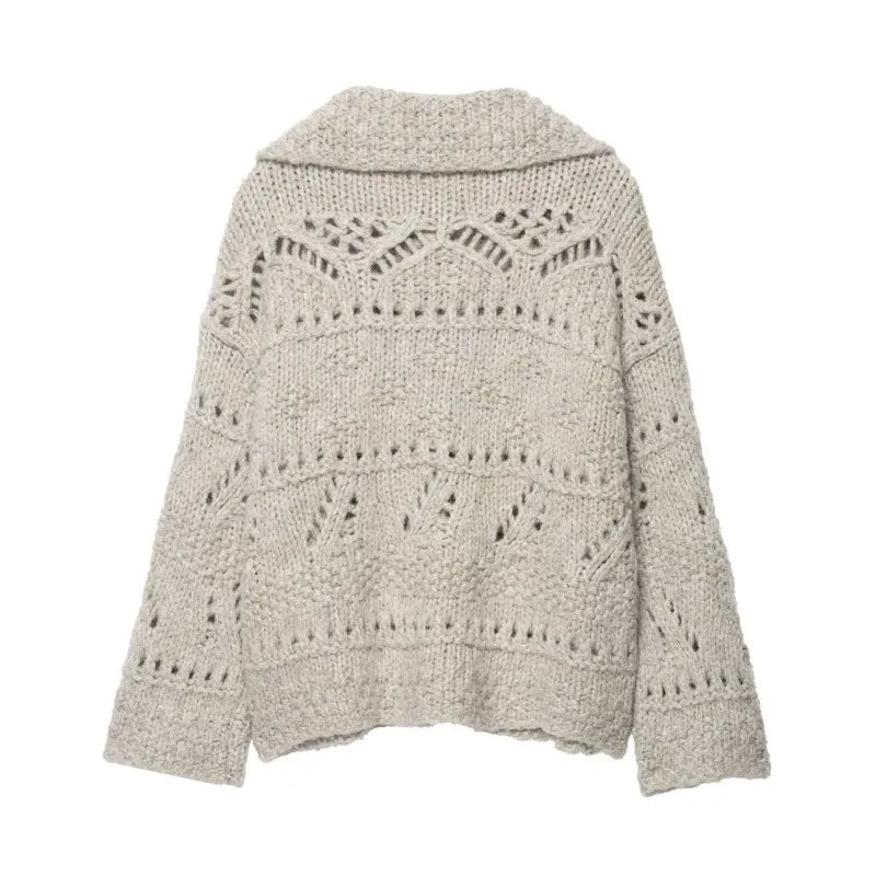 Oatmeal chunky pointelle cardigan, back view