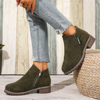 Olive green side zip ankle boots, side view