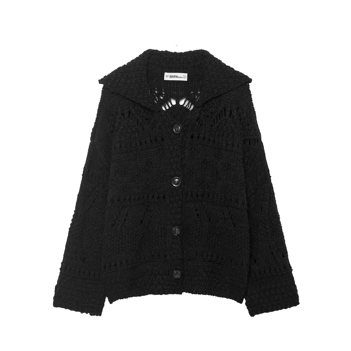 Black open knit collared cardigan with black buttons