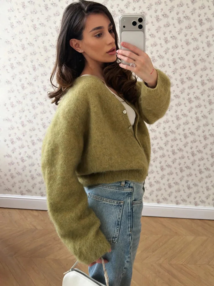 Moss green button front cardigan, front view
