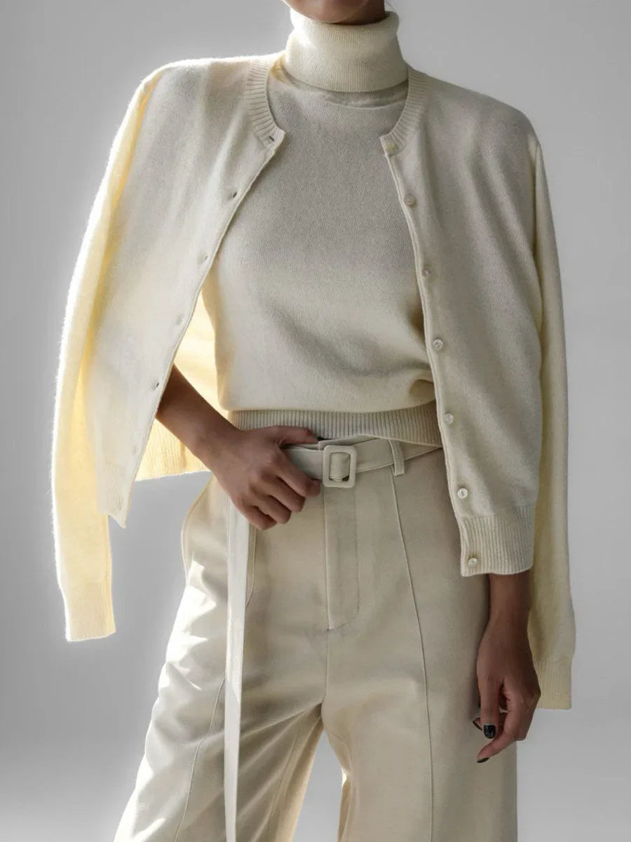 Cream knit tank and button cardigan set, front view