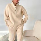 Beige half button stand collar sweatshirt and jogger pants set