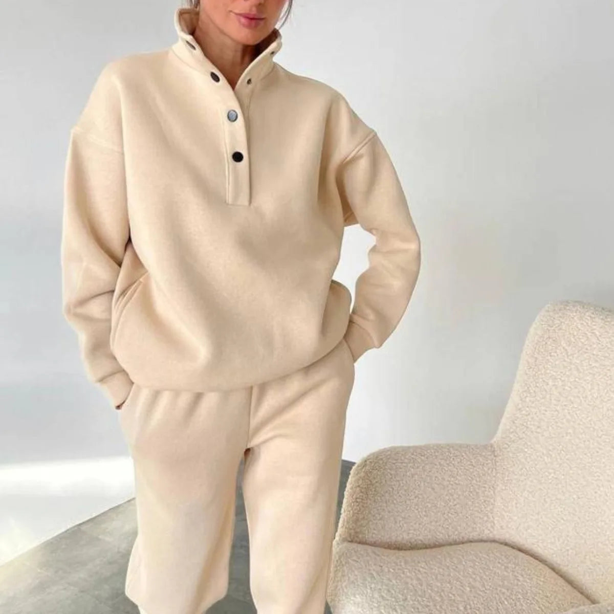 Beige half button stand collar sweatshirt and jogger pants set