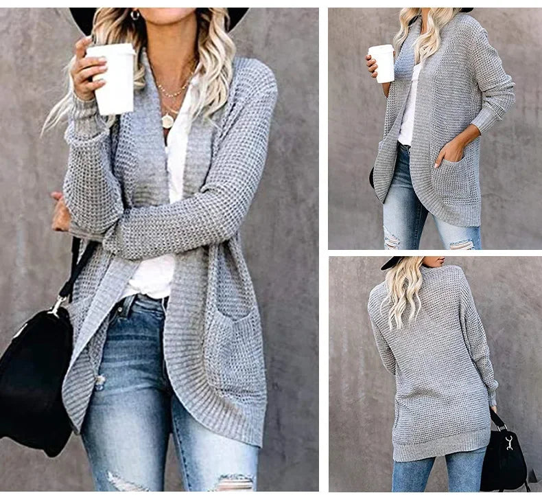 Light grey long open front cardigan with pockets, front, side and back views
