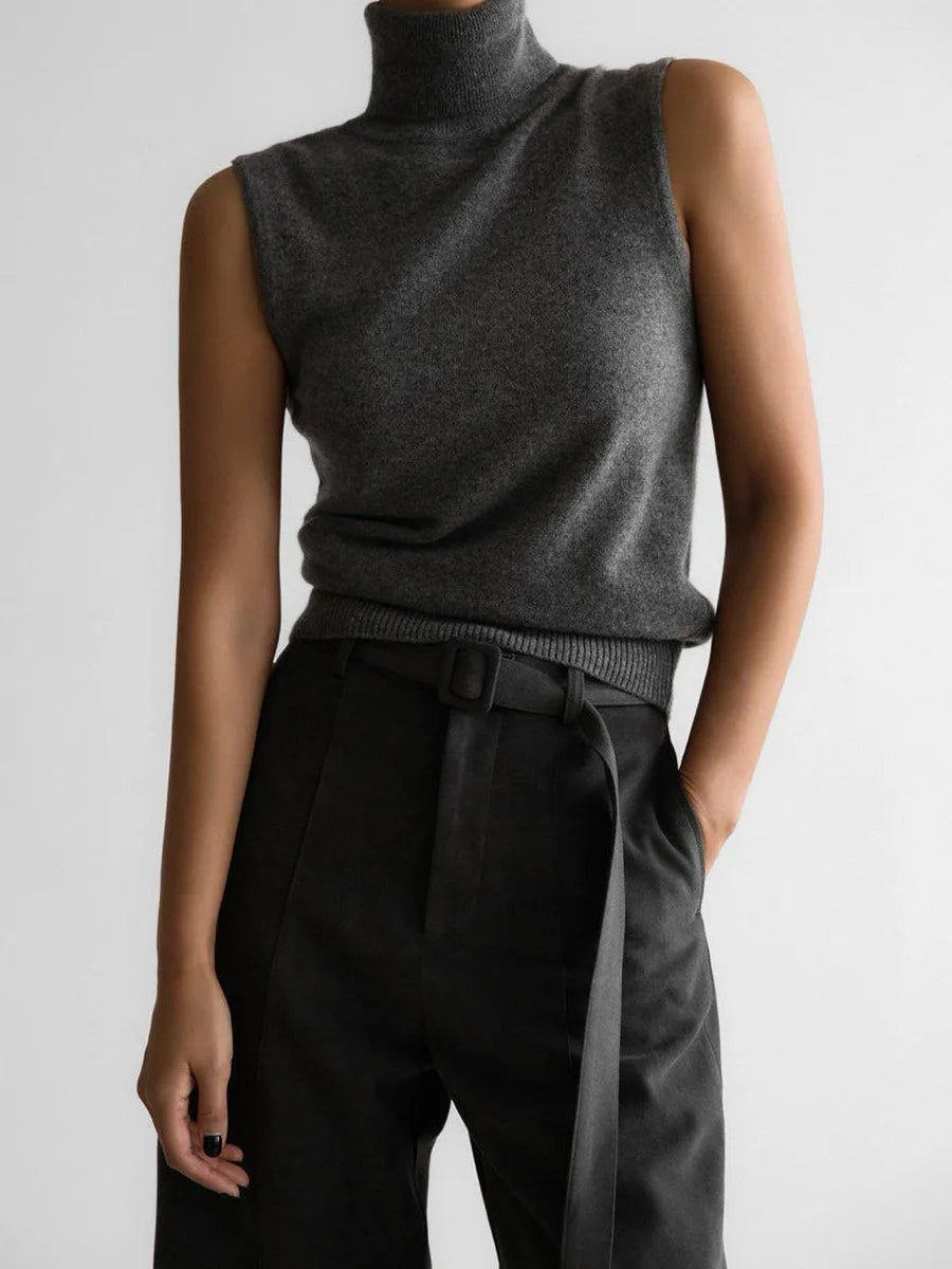 Charcoal roll neck sleeveless knit tank with belt
