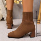 Tan brown knit sock ankle boots with block heel, with 6 cm heel and 15 cm shaft height measurements