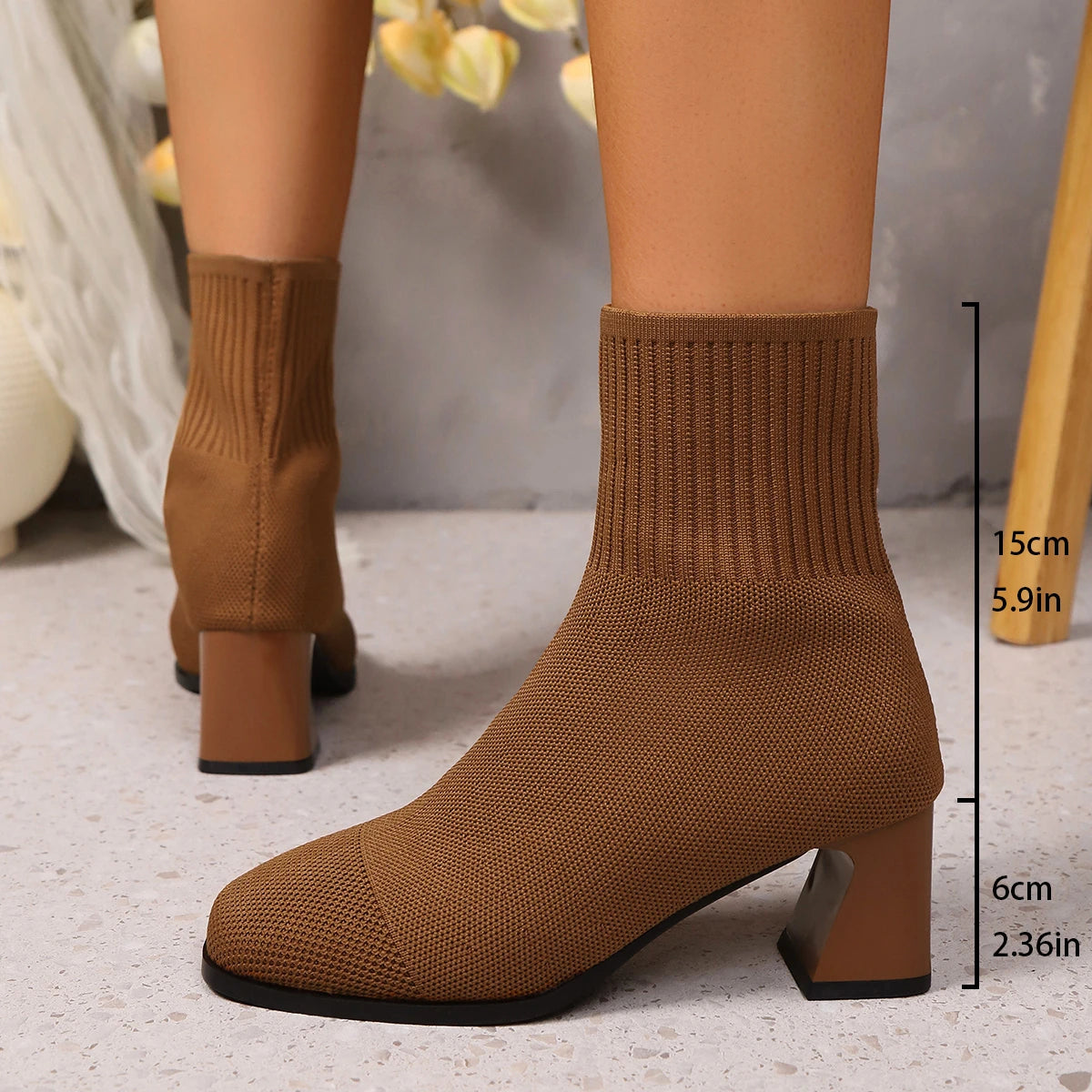 Tan brown knit sock ankle boots with block heel, with 6 cm heel and 15 cm shaft height measurements