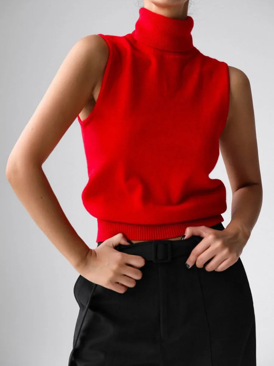Red roll neck sleeveless knit tank, front view