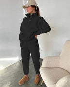 Black half button stand collar sweatshirt and jogger pants set