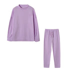 Lilac high neck sweater and drawstring trouser set, flat lay