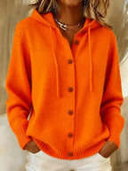 Orange hooded button cardigan with drawstring hood
