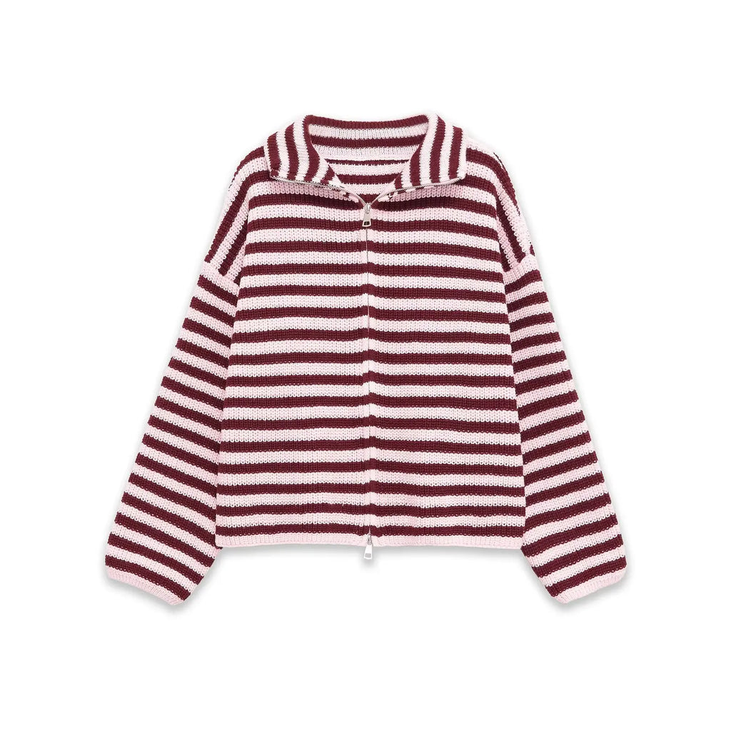 Burgundy striped zip up knit cardigan, flat lay