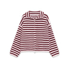 Burgundy striped zip up knit cardigan, flat lay