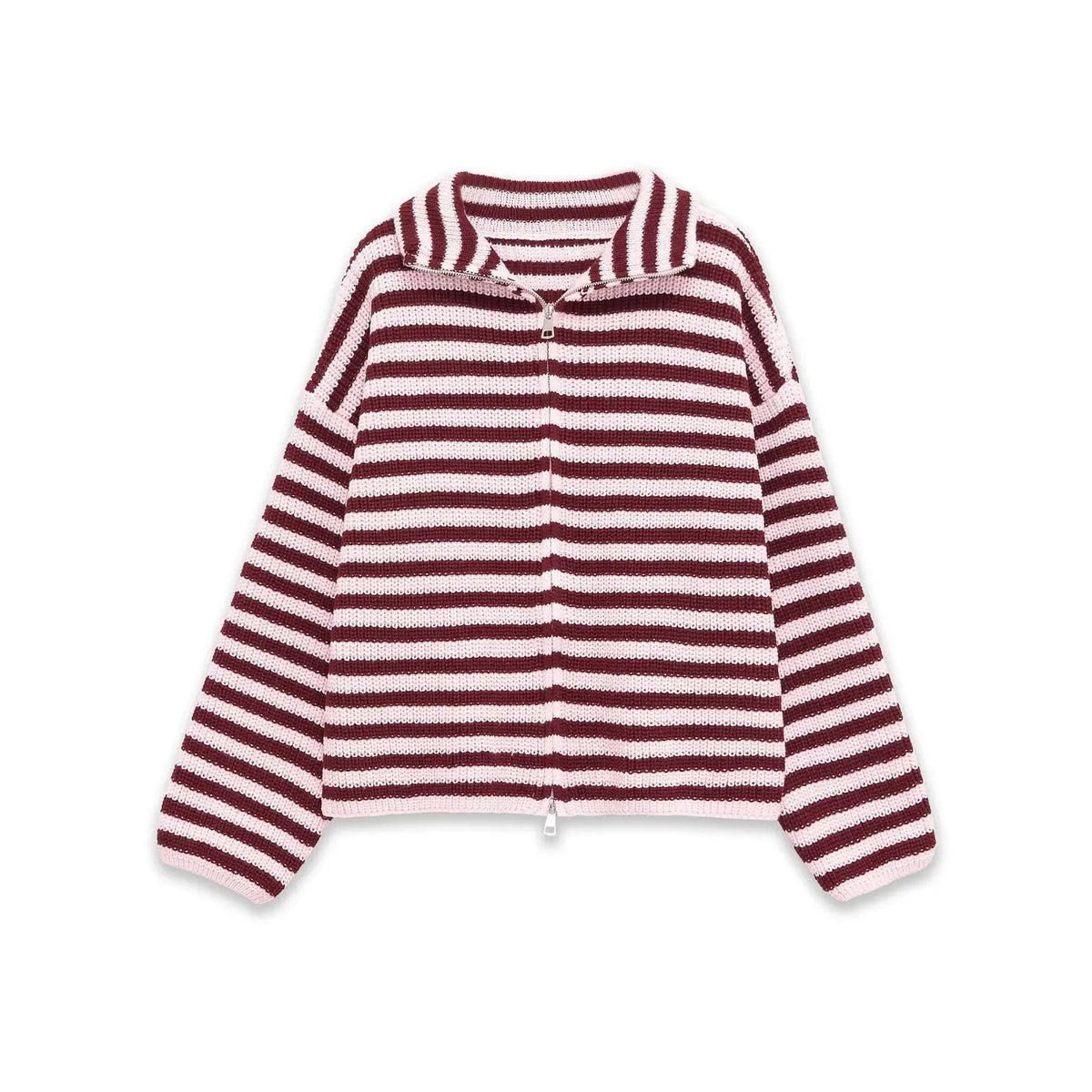 Burgundy striped zip up knit cardigan, flat lay