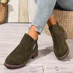 Olive green ankle boots, front view