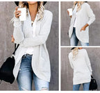 Ivory long open front cardigan with pockets, front, side and back views