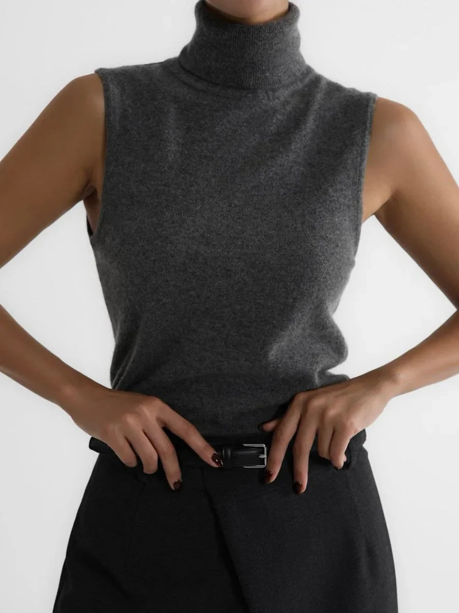 Charcoal roll neck sleeveless knit tank, front view