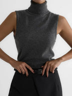 Charcoal roll neck sleeveless knit tank, front view