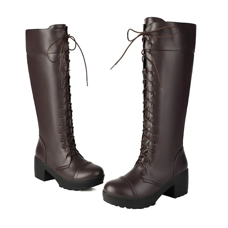 Dark brown lace-up knee high platform boots on a white background