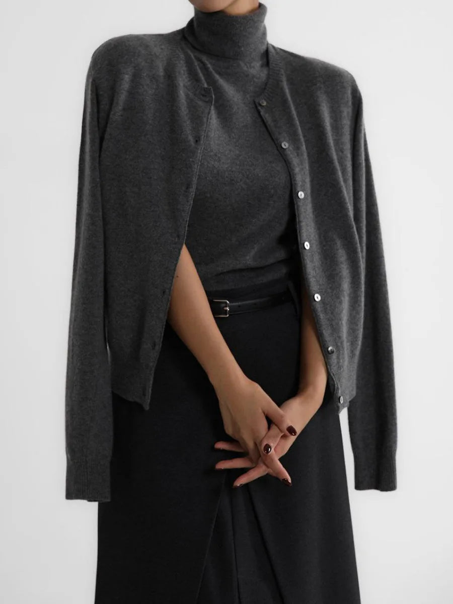 Charcoal knit tank and button cardigan set, front view