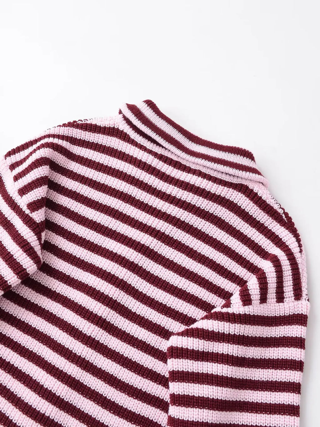 Burgundy striped zip up cardigan, shoulder and sleeve detail