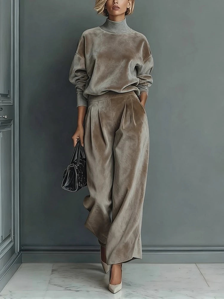 Taupe velvet-look turtleneck sweatshirt and wide leg pants set