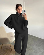 Black half button stand collar sweatshirt and jogger pants set