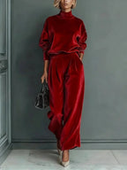 Red velvet-look turtleneck sweatshirt and wide leg pants set