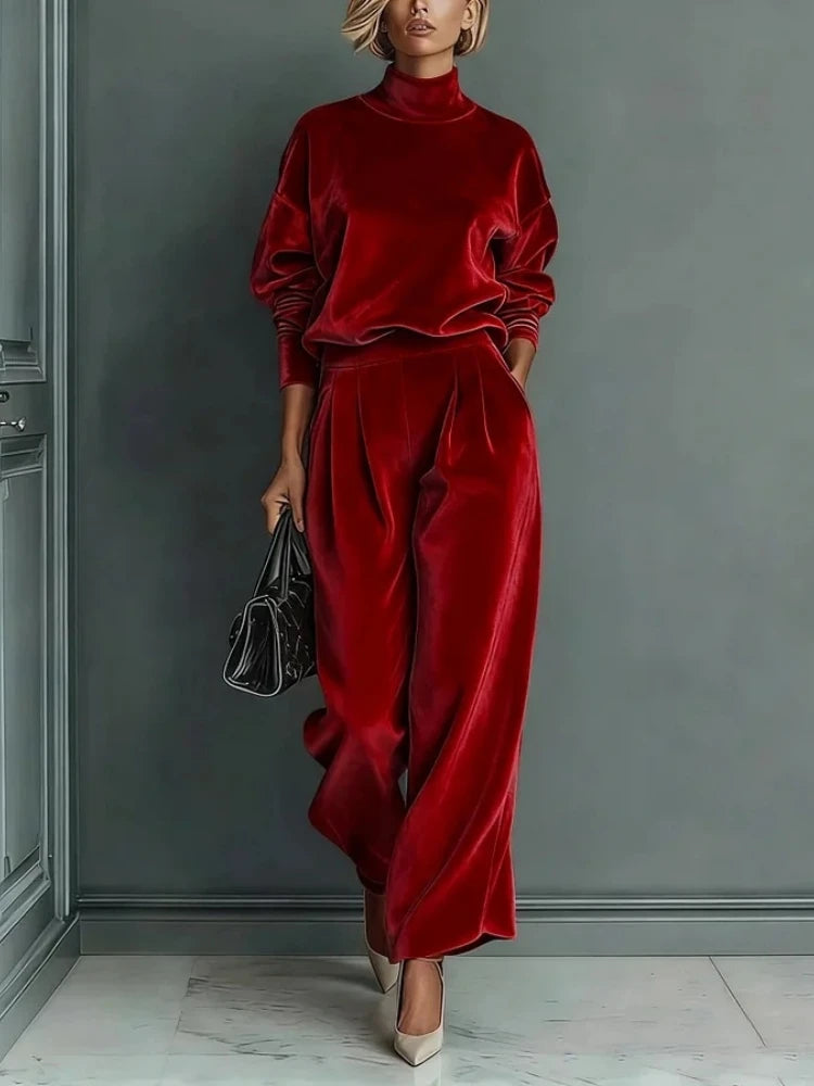 Red velvet-look turtleneck sweatshirt and wide leg pants set