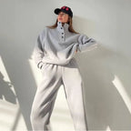 Grey half button stand collar sweatshirt and jogger pants set