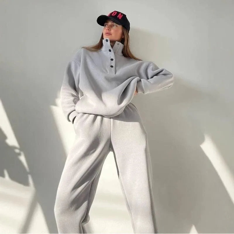 Grey half button stand collar sweatshirt and jogger pants set