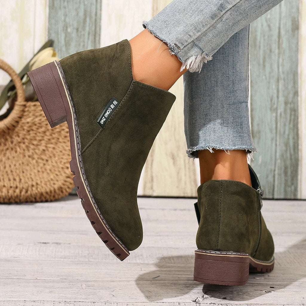 Olive green ankle boots, back and side view