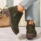 Olive green ankle boots, back and side view