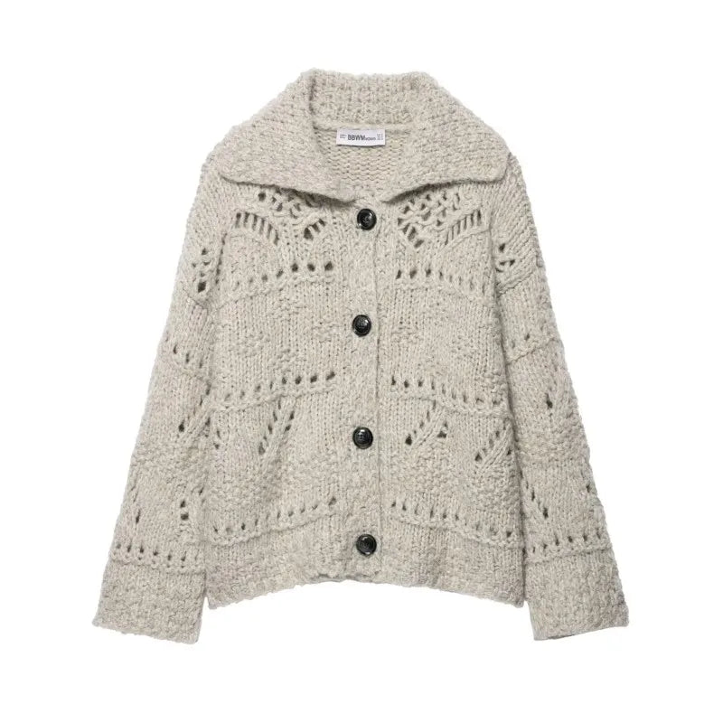 Oatmeal open knit collared cardigan with black buttons, front view