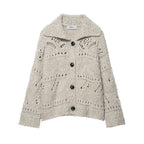 Oatmeal open knit collared cardigan with black buttons, front view
