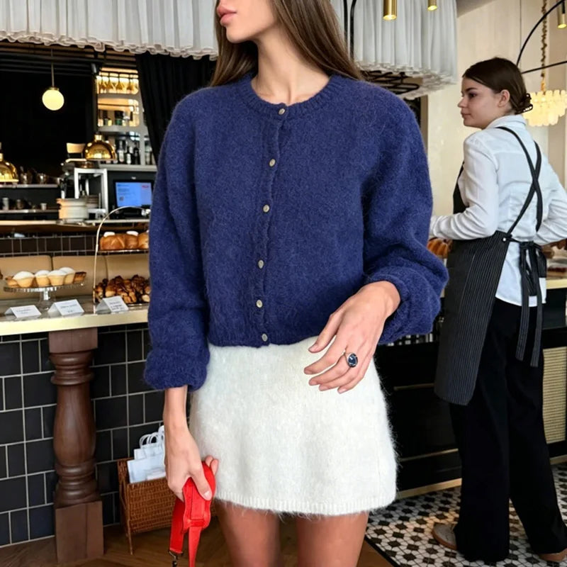 Navy crew neck button cardigan, front view