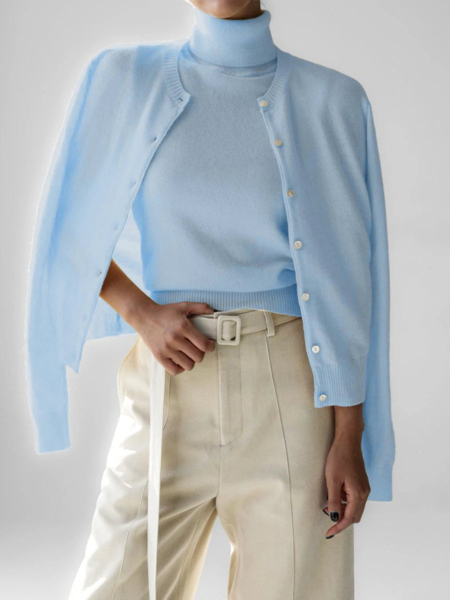 Pale blue knit tank and button cardigan set, front view