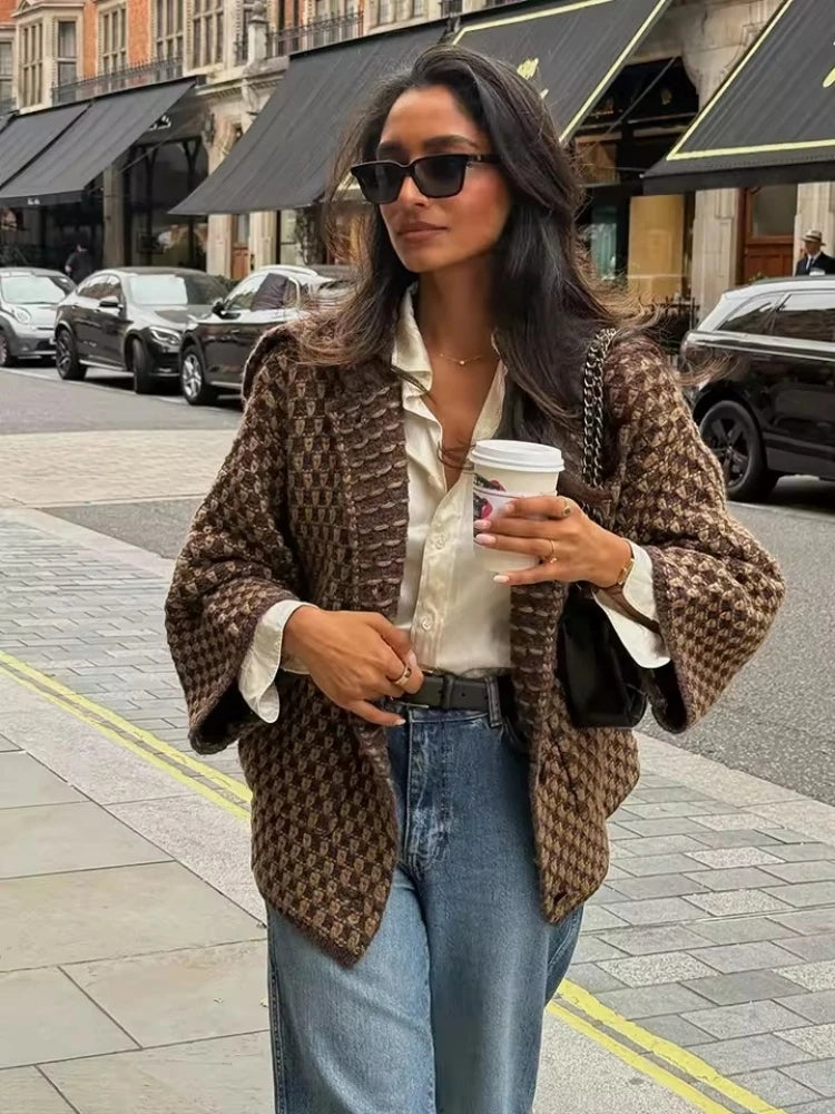 Brown check knit collared cardigan styled with jeans and a white shirt