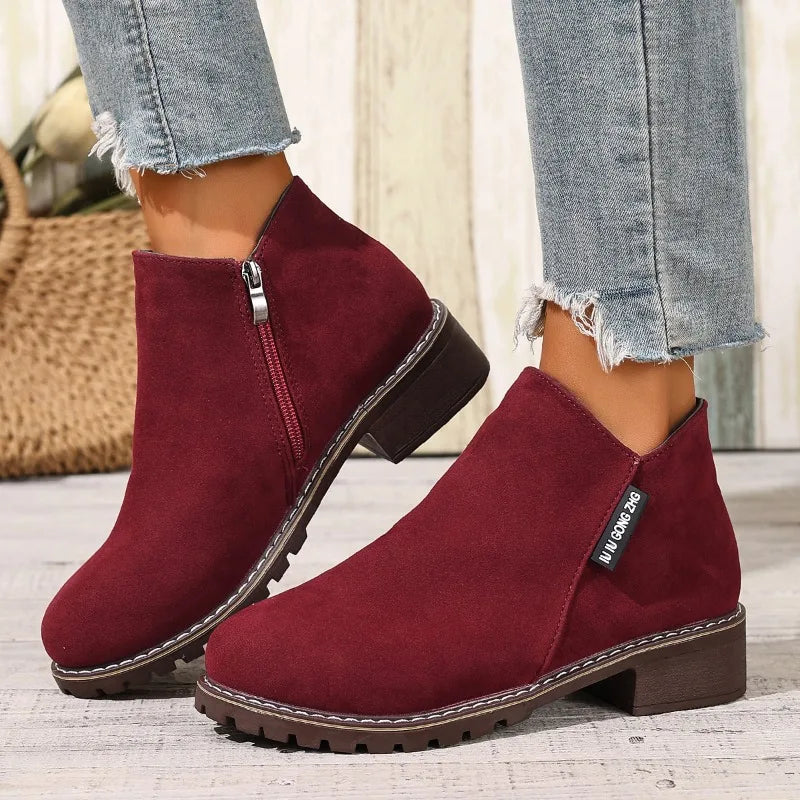 Burgundy side zip chunky heel ankle boots, side view