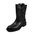 Black leather mid calf western boots with square heel, side view