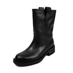 Black leather mid calf western boots with square heel, side view