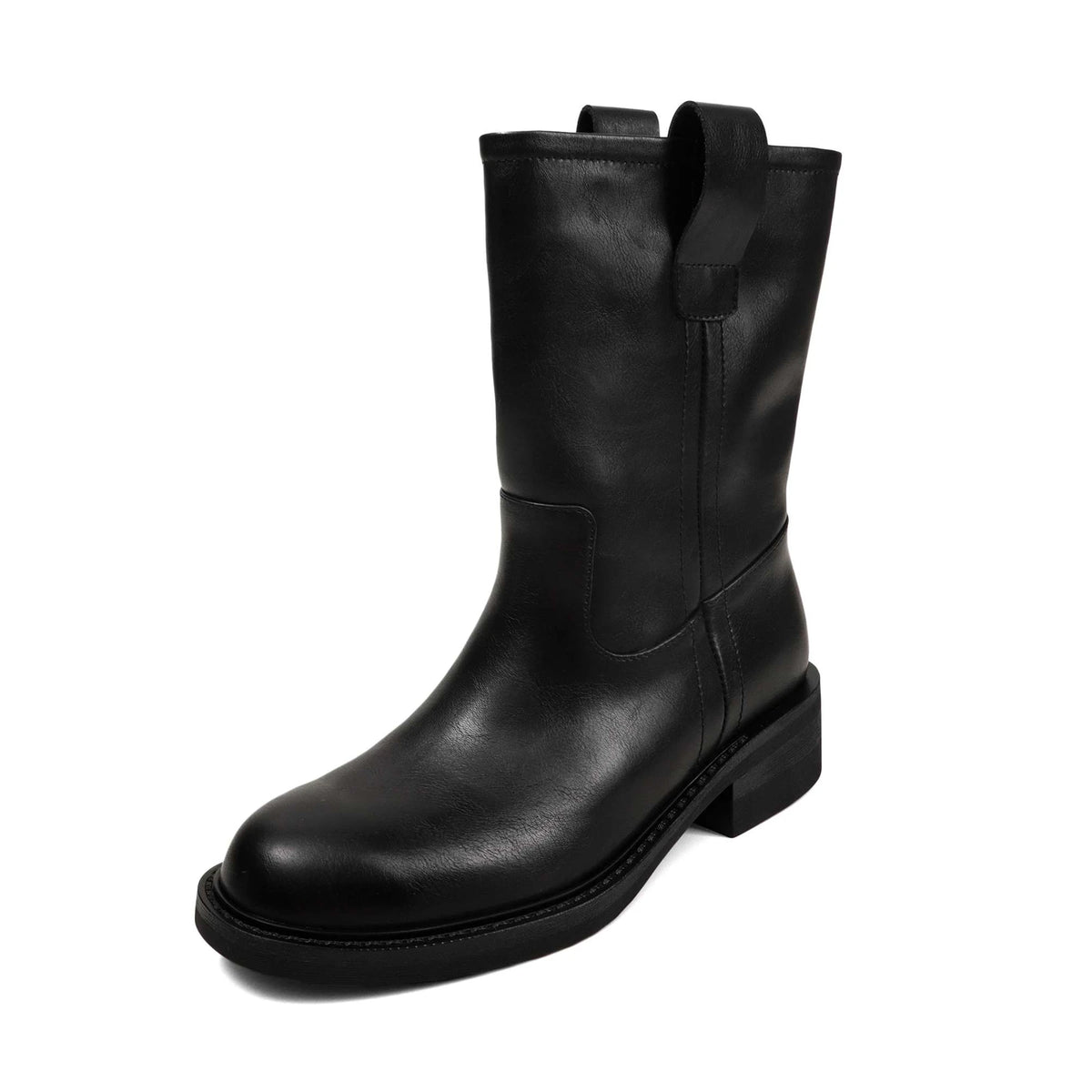 Black leather mid calf western boots with square heel, side view