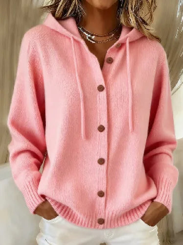 Blush pink hooded button cardigan with drawstring hood