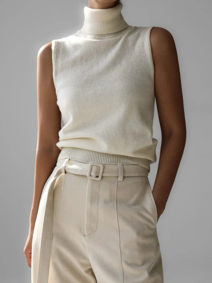 Cream roll neck sleeveless knit tank, front view