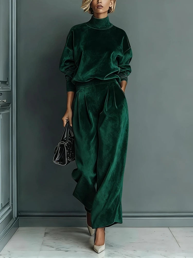 Forest green velvet-look turtleneck sweatshirt and wide leg pants set