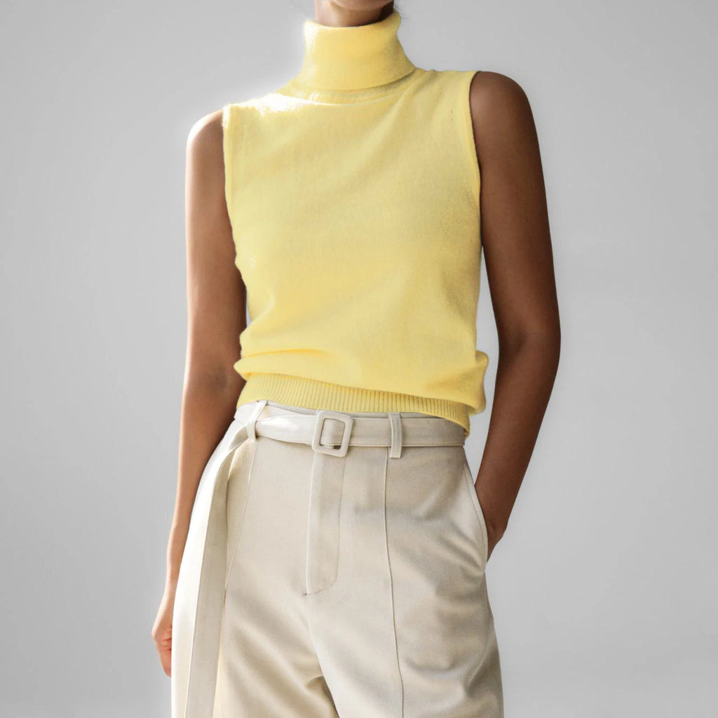 Lemon yellow roll neck sleeveless knit tank, front view