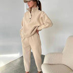 Beige half button stand collar sweatshirt and jogger pants set